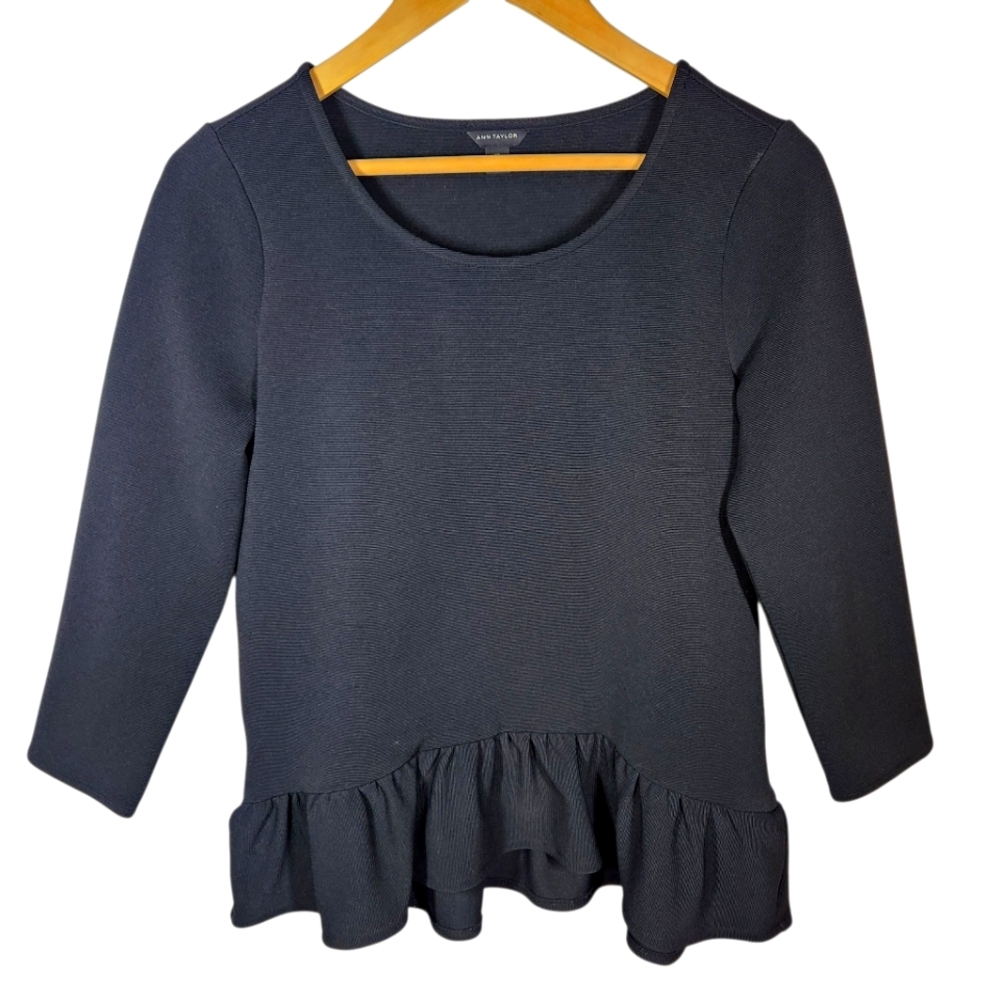 Ann Taylor Black Peplum Top Long Sleeve Preppy Classic Tailored Work Office XS